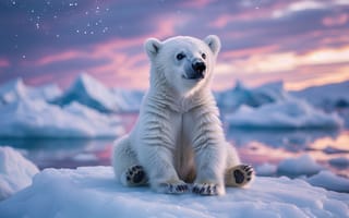 Картинка Арктика, лёд, дикая природа, белый медвежонок, звёздное небо, нейросеть, природа Арктики, ледяная поверхность, природа в сумерках, северное сияние, закат, 4k, ледяные горы, милый медвежонок, полярные просторы, северная природа, пушистый медвежонок, заснеженный пейзаж, зимний пейзаж, розовые облака, 1920 1080, арктическая фауна, HD, арктическая красота, полярные льды, рабочий стол, арктический закат ИИ, сумерки, ледяная гладь, 2k, зимний закат, айсберг, 16:9, арктический пейзаж, северные просторы
