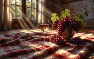 Картинка вино, бокал, натюрморт, спелый виноград, романтика, ваза, интерьер, 1920 1080, лучи солнца, рабочий стол, тепло, 2k, атмосфера, комфорт, вечер, тень, свет, эстетика, дом, идилия, домашний уют, природа, гроздь, клетчатый плед, напиток, виноград, комната, спокойствие, 4k, нейросеть, плед, отдых, расслабление, ИИ, 16:9, HD, уют, солнечный свет