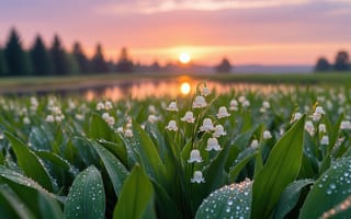 Картинка ландыши, поле, лес, красота природы, умиротворение, 4k, небо, закат, 2k, роса, HD, естественная эстетика, спокойствие, горизонт, растительность, розовые облака, рабочий стол, ИИ, пейзаж, цветочный луг, зелень, природа, ботаника, рассвет, утренний свет, вода, водоём, листья, 16:9, капли, весна, солнце, 1920х1080, флора, отражение, цветы, нейросеть, утренняя роса