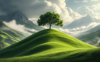 Картинка пейзаж, горы, утренний свет, HD, горизонт, свежесть, ландшафт, ИИ, умиротворение, 4k, рабочий стол, рельефные линии, атмосферность, 16:9, гармония, туман, холм, уединённость, трава, 2k, тени, дерево, контраст, высота, облака, простор, природа, спокойствие, естественность, свет, долина, красота, нейросеть, зелень, 1920 1080, пики, вершины, рельеф, небо