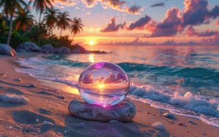 Картинка закат, пляж, отражение, красота природы, тропики, морская стихия, природа, песок, пейзаж, пальмы, HD, прибрежный пейзаж, сияние, облака, небо, нейросеть, эстетика, камень, ИИ, хрустальный шар, тропический закат, 2k, морская пена, тропическая атмосфера, море, спокойствие, прибрежные камни, 1920 1080, стеклянный шар, морская гладь, рабочий стол, 4k, океан, умиротворение, романтика, закатное небо, волны, 16:9