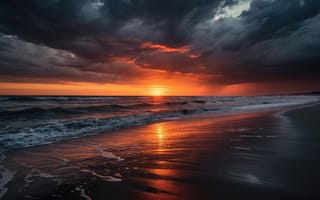 Картинка закат, море, ИИ, небо, прибрежный пейзаж, морская гладь, рабочий стол, драматичный закат, 2k, HD, тёмные облака, облака, прибой, горизонт, отражение, 4k, штормовые облака, пляж, 1920х1080, атмосферный закат, закатное небо, солнце, берег, волны, морская волна, природная красота, природное освещение, 16:9, морская стихия, оранжевые оттенки, сумеречный пейзаж, контраст, вечерний пейзаж, океан, песчаный берег, нейросеть, влажный песок, пена