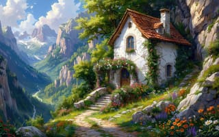 Картинка домик, горы, цветы, зелень, ИИ, природа, рабочий стол, каменный дом, скалистый склон, альпийский пейзаж, терраса, коттедж, цветущий сад, сказочный домик, горный пейзаж, зелень деревьев, 2k, 4k, уют, HD, уединённое место, красная крыша, 1920х1080, скалы, солнечный свет, цветочная поляна, величественные вершины, 16:9, романтика природы, нейросеть, каменная дорожка, живописный вид, долина, панорамный вид, альпийская флора, идилия, горный воздух, деревенский стиль