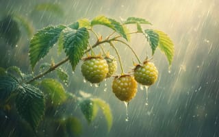 Картинка малина, жёлтая малина, 4k, 1920 1080, ягоды, садоводство, летний пейзаж, роса, нейросеть, сочность, природная гармония, ботаника, естественная красота, капли на ягодах, природа, урожай, капли дождя, влажность, урожайный сезон, утренний дождь, HD, дождь, свежесть, рабочий стол, дождливая погода, зелень, растительность, ягодная ветка, садовый пейзаж, плодоношение, 2k, 16:9, солнечный свет, сад, листья, ИИ, летний дождь