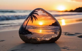 Картинка закат, пляж, закатное солнце, художественная, спокойствие, красота природы, стекло, волны, гармония, прибрежный пейзаж, умиротворение, прибрежные волны, природа, стеклянный шар, 1920 1080, пляжная сцена, природная красота, море, 4k, пальма, нейросеть, HD, 2k, пейзаж, океан, закатная палитра, тропики, отражение, 16:9, морской пейзаж, рабочий стол, солнце, песок, ИИ, тропический закат, песчаный берег, тропическая пальма