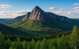 Картинка гора, ландшафт, берёзы, горная цепь, рельеф, свежесть, растительность, небо, дикая природа, Башкортостан, высота, экосистема, Урал, 4k, Россия, облака, пейзаж, красота, 1920х1080, 16:9, природа, скалы, деревья, панорамный вид, зелень, хребет, ИИ, простор, склоны, HD, вершина, лес, рабочий стол, солнечный свет, нейросеть, 2k, хвойный лес