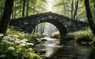 Картинка каменный мост, арка, 16:9, 4k, природная красота, река, камни, свежесть, 2k, умиротворение, отражение, HD, нейросеть, 1920х1080, мох, пейзаж, лесная тропа, экосистема, лесной ручей, солнечный свет, гармония природы, вода, рабочий стол, тени, лес, лесной мост, природа, ручей, зелень листвы, дикая природа, живописный вид, ИИ, цветы, белые цветы, спокойствие, зелень, деревья