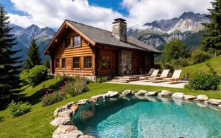 Картинка домик, горы, отдых, солнечный день, 1920х1080, панорамный вид, рабочий стол, спокойствие, кладка, каменная кладка, хвойные деревья, деревянный дом, природа, нейросеть, ели, курорт, экостиль, чистый воздух, 4k, уединение, ИИ, загородный дом, горный ландшафт, идилия, 2k, вода, шезлонги, коттедж, бревенчатый дом, ландшафт, цветы, зелень, HD, камни, терраса, живописный пейзаж, бассейн, 16:9, альпийский стиль
