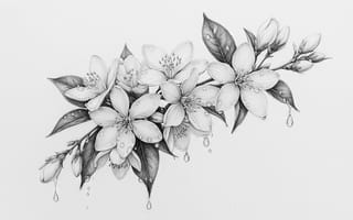 Картинка цветы, Жасмин, бутоны, ботанический эскиз, 16:9, детализация, акварельная графика, рабочий стол, акварельные эффекты, ботаника, художественная детализация, HD, ботанический арт, ветка, листья, флора, 4k, 2k, ИИ, художественная иллюстрация, монохром, нейросеть, изящество, натюрморт, композиция, лепестки, чёрно-белый рисунок, эстетика, природа, растительный орнамент, графический рисунок, свежесть, 1920 1080, минимализм, капли воды