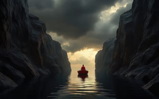 Картинка лодка, река, приключения, вода, экспедиция, каньон, природа, скалы, 4k, свет, драматичный пейзаж, суровые скалы, ИИ, символизм пути, рабочий стол, водный путь, закат, спокойствие, человек в лодке, HD, нейросеть, путь, умиротворение, 1920 1080, небо, тени, рассвет, 2k, дорога вперёд, отражение, 16:9, ущелье, облака, одинокий путешественник, путешествие, горизонт, романтика природы