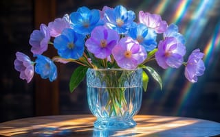 Картинка букет, цветы, ваза, солнечный свет, лепестки, природа, изящество, композиция, нейросеть, 2k, гармония цветов, свет и тень, игра света, 1920 1080, 16:9, сиреневые цветы, 4k, прозрачность, цветочная композиция, эстетика, утренний свет, зелень, романтика, рабочий стол, голубые цветы, натюрморт, радужные лучи, домашний декор, HD, хрустальная ваза, стебли, лучи солнца, флора, освещение, красота, стекло, стеклянная ваза, ИИ