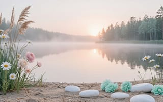 Картинка озеро, туман, гладь воды, полевые цветы, бережок, ромашки, природа, гармония, утренняя свежесть, лес, тростник, отражение, вода, спокойствие, природная сцена, деревья, флора, рассвет, утренний свет, цветы, растительность, береговая линия, пастельные тона, песок, умиротворение, камни, пейзаж, естественная красота, декоративные цветы