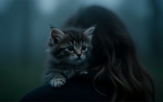 Картинка котенок, лохматый, на плече, девушка