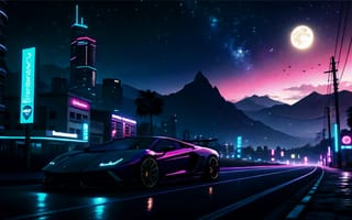 Картинка пейзаж, авто, ночь, спорт-кар, графика