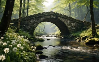 Картинка мост, каменный мост, естественная красота, зелень, 1920 1080, природа, уединение, дикая природа, экосистема, спокойствие, 4k, умиротворение, ИИ, деревья, рабочий стол, тени, свежесть, ландшафт, лесная тропа, пейзаж, цветы, 16:9, арка, белые цветы, камни, флора, вода, 2k, нейросеть, ручей, мох, солнечный свет, утренний свет, гармония, лес, HD, журчание воды