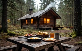 Картинка домик в лесу, бревенчатая изба, бревенчатая мебель, нейросеть, тёплый свет, 2k, отдых на природе, дымоход, пикник, кемпинг, хвойный лес, природа, деревянные стены, картофель, завтрак, миска, экостиль, загородная жизнь, лесной домик, утренняя сцена, окна с подсветкой, ИИ, сковорода, спокойствие, 4k, бутылка с напитком, уют, мох, 16:9, деревенская атмосфера, рабочий стол, кружка, 1920х1080, HD, деревянный стол, яичница, бекон, дым, лес