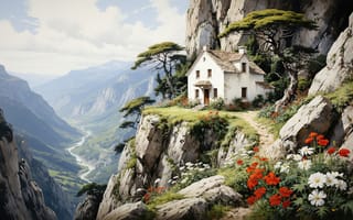 Картинка домик, горы, река, цветы, деревья, 4k, романтика, дверь, 1920х1080, ромашки, ущелье, рабочий стол, зелень, красота, идиллия, хвойные, ландшафт, крыша, пейзаж, долина, сельская местность, облака, тропинка, коттедж, нейросеть, ИИ, 2k, спокойствие, окна, маки, HD, вид, скалы, небо, уединение, высота, 16:9, природа