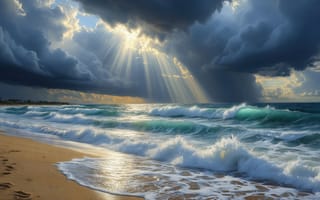 Картинка море, волны, шторм, HD, буйство стихии, небо, морская пена, нейросеть, драматичный пейзаж, океан, атмосферный пейзаж, пляж, морская гладь, штормовая погода, облака, прибрежная линия, природная красота, 16:9, 2k, следы на песке, прибрежный пейзаж, природная мощь, закат, ИИ, свет сквозь тучи, рабочий стол, 1920 1080, морская стихия, песчаный берег, грозовые облака, пенящаяся вода, прибой, солнечные лучи, 4k, закатное небо, морская волна, игра света