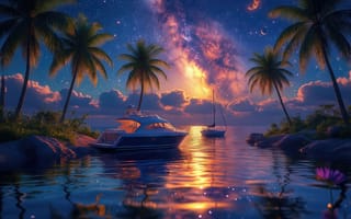 Картинка закат, тропики, ИИ, экзотика, 16:9, тропический рай, тропическая природа, 4k, природа, галактика, романтика, облака, спокойствие, мерцающие звёзды, яхты, море, океан, 2k, отражение в воде, водный пейзаж, парусник, прибрежный пейзаж, звёздная дорожка, катер, морская гладь, цветущие растения, закатное небо, пальмы, нейросеть, HD, красота заката, ночная сцена, 1920 1080, сумеречная атмосфера, прибрежные камни, звёздное небо, рабочий стол