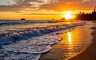 Картинка закат, море, умиротворение, песчаный пляж, закатное солнце, морской бриз, берег, линия горизонта, нейросеть, 2k, 16:9, 4k, прибой, океан, красота природы, отражение солнца, пляж, закатная палитра, прибрежные скалы, пейзаж, природа, рабочий стол, HD, скалы, прибрежный пейзаж, спокойствие, морской закат, деревья, тропический закат, солнце, волны, морская пена, 1920х1080, золотистые оттенки, ИИ, морская гладь, прибрежная линия