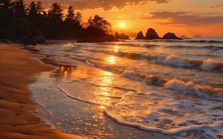 Картинка закат, пляж, скалы, природная гармония, океан, берег, умиротворение, рабочий стол, спокойствие, морская гладь, море, деревья, прибрежный пейзаж, нейросеть, солнце, золотистые оттенки, горизонт, прибой, сияние, береговая линия, HD, живописный вид, пейзаж, прибрежная линия, 1920 1080, красота, отражение, закатное солнце, волны, морская пена, 16:9, лес, 4k, природа, пена, ИИ, 2k