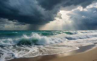 Картинка море, волны, игра света и тени, морской пейзаж, динамика природы, штормовое небо, прибой, свет, мощь природы, грозовые облака, HD, природная мощь, океан, штормовой горизонт, небо, морская пена, прибрежная линия, 4k, 16:9, 1920 1080, солнечные лучи, штормовая волна, морская стихия, 2k, облака, буря, прибрежный пейзаж, ИИ, тучи, пена, пляж, закат за облаками, драматичный пейзаж, шторм, берег, рабочий стол, нейросеть