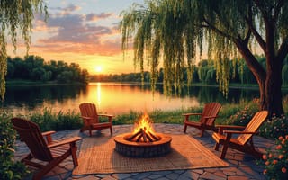 Картинка закат, озеро, шелест, облака, пейзаж, тени, ландшафт, цветы, гармония, 4k, HD, ИИ, деревья, небо, отдых, ива, 16:9, кресла Adirondack, вода, 2k, рабочий стол, умиротворение, огонь, отражение, свежесть, камни, кострище, природа, спокойствие, вечер, костёр, 1920 1080, романтика, летний вечер, тишина, нейросеть, уют, берег