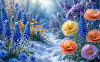 Картинка цветы, полевые цветы, синий мускари, ИИ, красота природы, яркость природы, HD, бутоны, флора, морозная свежесть, жёлтые цветы, сиреневые соцветия, весна, контраст цветов, зелень, соцветия, 16:9, природа, романтика природы, цветы на снегу, маки, 4k, оранжевые маки, снег, пробуждение природы, 2k, ботаническая красота, весеннее цветение, пейзаж, весенняя природа, 1920 1080, весеннее поле, цветочный пейзаж, рабочий стол, нежность, мускари, разноцветные цветы, нейросеть