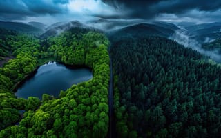 Картинка пейзаж, природа, 1920х1080, облака, утро, сердце, зелень, дорога, нейросеть, лес, озеро-сердце, дымка, небо, лето, 4k, река, панорама, тучи, лиственный-лес, рабочий стол, весна, фоновой, вода, 16:9, ИИ, горы, гроза, шоссе, бор, кинематографично, туман