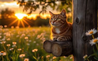 Картинка кот, рыжий кот, 4k, летний вечер, летний закат, солнце, ИИ, спокойствие, ромашки, тёплый свет, взгляд в сторону, эстетика природы, кошачья поза, сельская местность, деревенская идиллия, закат, нейросеть, 1920х1080, сельский пейзаж, кошка, цветы, древесина, природа, поле, размытый, кошачий портрет, деревянный забор, 16:9, золотистые лучи, грация, умиротворение, HD, пушистая шерсть, усатый друг, животное, 2k, рабочий стол