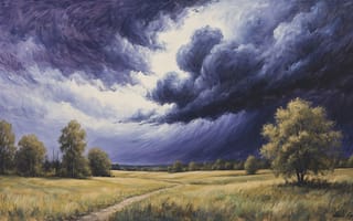 Картинка гроза, пейзаж, сельская местность, 4k, простор, художественный пейзаж, драматизм, картина, облака, небо, дорога, 1920х1080, луг, предгрозовая атмосфера, горизонт, летний пейзаж, простор полей, 2k, деревья, природа, трава, сельская идиллия, свет и тень, нейросеть, грозовое небо, рабочий стол, растительность, атмосферность, зелень, контраст, поле, масляная живопись, HD, природная стихия, ИИ, драматичный пейзаж, 16:9, тучи