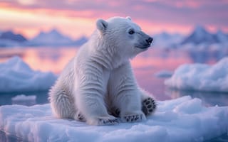 Картинка белый медведь, медвежонок, океан, 4k, Арктика, ледяная гладь, животное, зимний пейзаж, 16:9, 2k, красота природы, дикий зверь, льдина, умиротворение, северное сияние, отражение заката, HD, полярные льды, север, закат, лёд, нейросеть, природа, фауна Арктики, дикая природа, рабочий стол, спокойствие, ледяные глыбы, розовый закат, полярные просторы, северные просторы, тишина, 1920 1080, ИИ, арктический закат, холодный пейзаж, пушистость