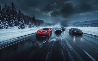 Картинка автомобили, машины, Макларен, шоссе, ламборджини, 4k, трек, нейросеть, фоны, HD, рабочий стол, заставка, асфальт, драйв, 16:9, снег, экшен, размытие, метель, адреналин, сосны, ели, 2k, суперкары, размытие-скорости, Ламборгини, грозовое-небо, фоновой