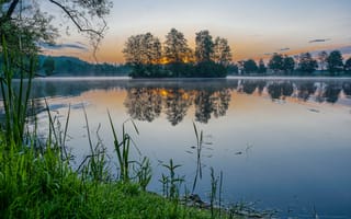 Картинка закат, деревья, озеро, Финляндия