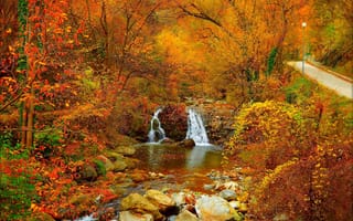 Картинка осень, водопад, деревья, речка
