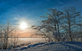 Картинка зима, озеро, снег, закат