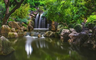 Картинка парк, Chinese Garden, пейзаж, водопад, Sydney, камни, водоём, деревья, ступени