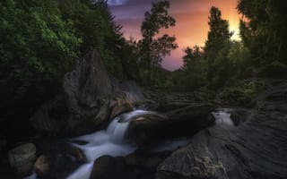 Картинка закат, ручей, речка, водопад