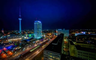 Картинка Берлин, Германия, ночь, огни, телебашня