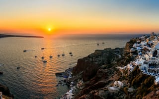 Картинка Греция, гавань, панорама, остров, Средиземное море, Залив Амуди, пейзаж, океан, Санторин, Санторини, закат