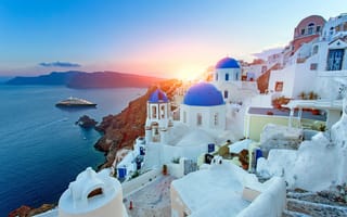 Картинка Греция, Тира, город, остров, море, корабль