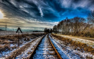 Картинка зима, железная дорога, поле, пейзаж, деревья, снег