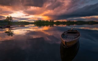 Картинка Местное озеро в Рингерике, лодка, деревья, закат, Норвегия, пейзаж