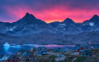 Картинка Гренландия, горы, озеро, закат, дома, пейзаж