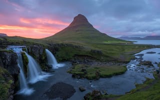 Картинка Grundarfjorour, водопад, закат, гора, Киркьюфетль, пейзаж, Исландия