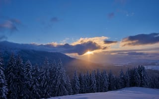 Картинка зима, пейзаж, снег, горы, закат, деревья