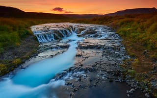 Картинка Исландия, небо, холмы, водопад, пейзаж, река