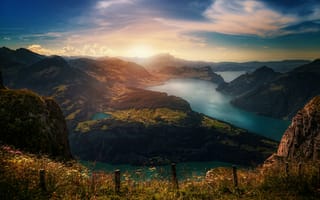 Картинка Швейцария, горы, закат, река