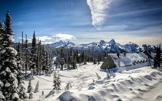 Картинка зима, пейзаж, домик, горы, снег, деревья, сугробы