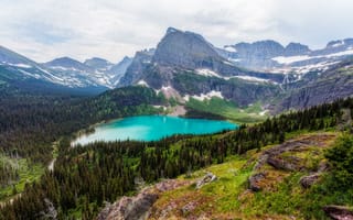 Картинка Glacier National Park, озеро, пейзаж, Grinnell Lake, деревья, горы
